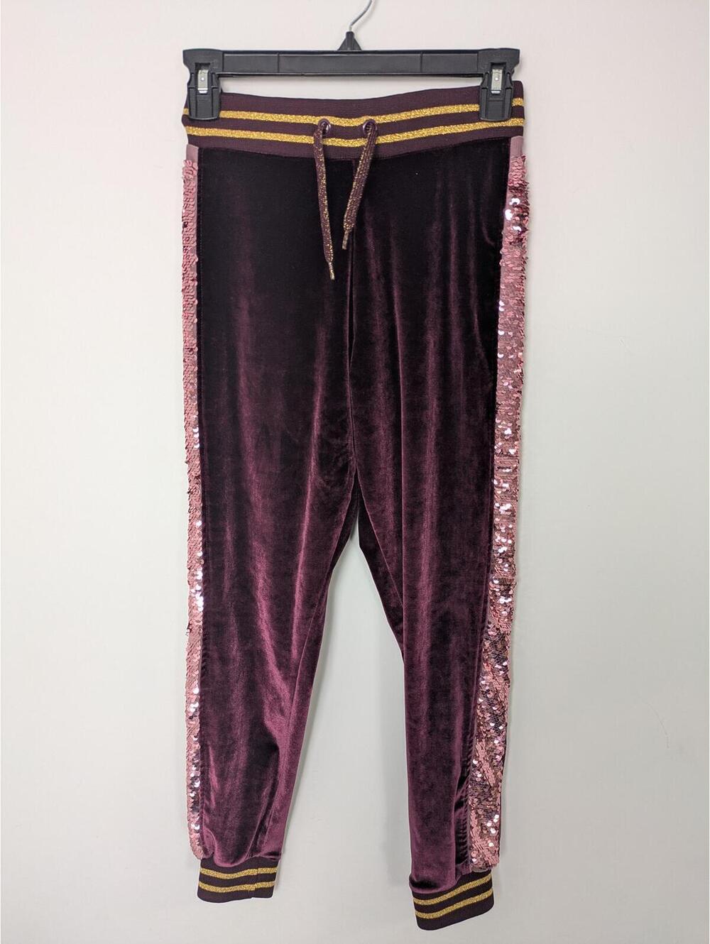 Max Girls Burgundy Purple Velvet Sequin Jogger Pants 11-12Y